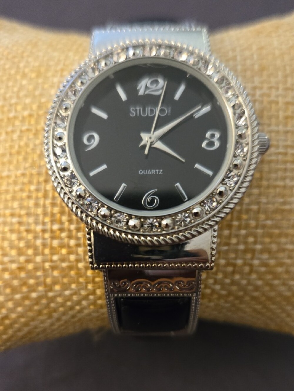 Studio Black & Silver-Tone Hinged Bracelet Watch with Crystal Bezel